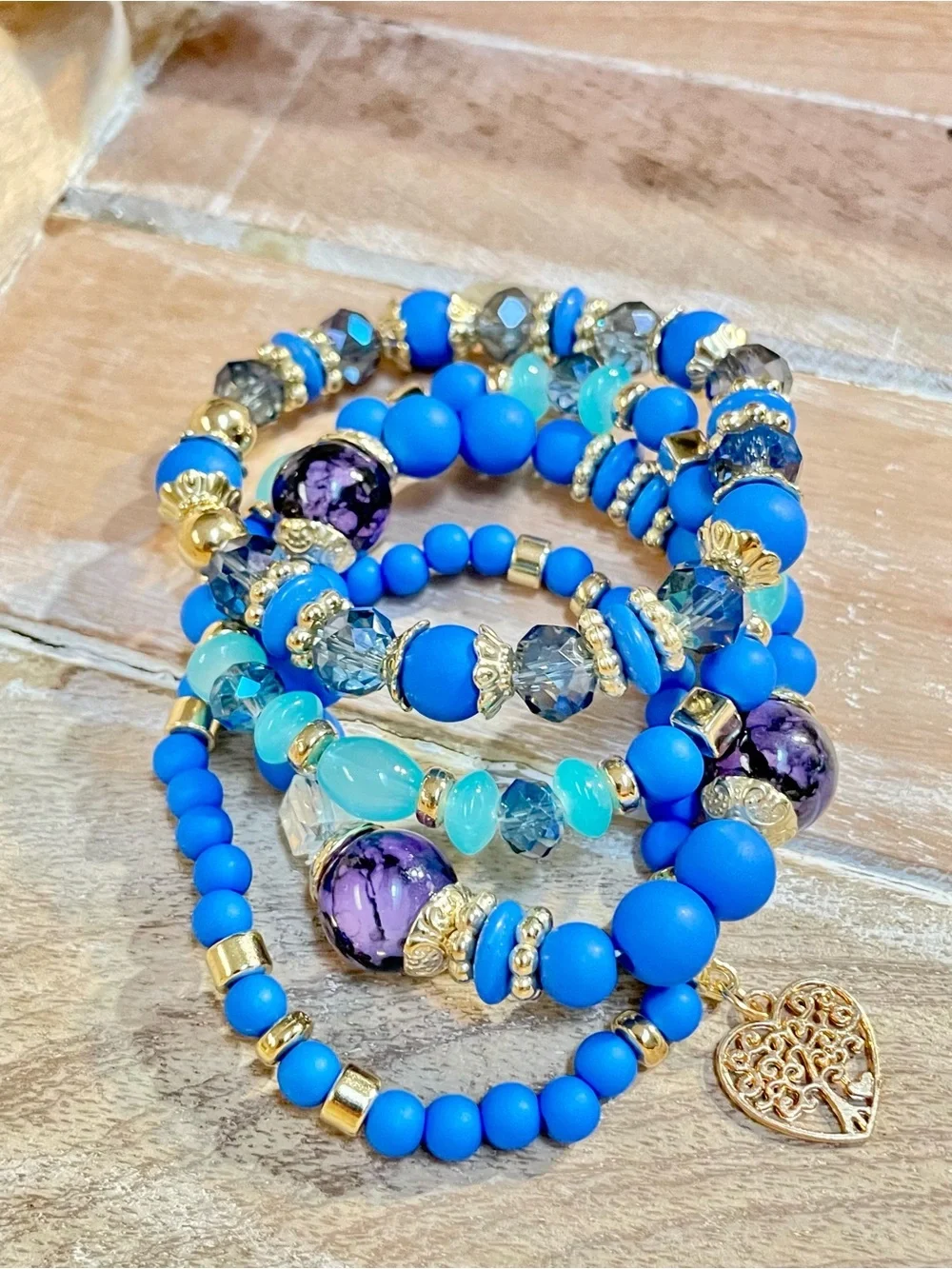 Stackable Blue and Aqua Beaded Bracelet Set with Gold Heart Charm